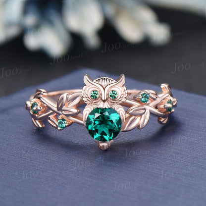 Round Green Emerald Engagement Ring Twig Ring Forest Branch Owl Engagement Ring Fairy May Birthstone Wedding Ring Cute Owl Lover Gifts Women