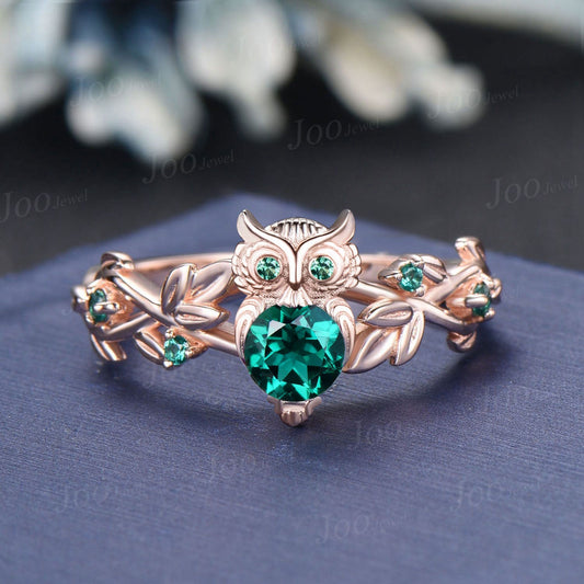 Round Green Emerald Engagement Ring Twig Ring Forest Branch Owl Engagement Ring Fairy May Birthstone Wedding Ring Cute Owl Lover Gifts Women