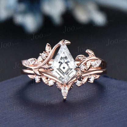 Vintage 10K Rose Gold Kite Diamond Engagement Ring Lab Grown Diamond Kite Wedding Ring with IGI Certificate Nature Inspired Diamond Ring Set