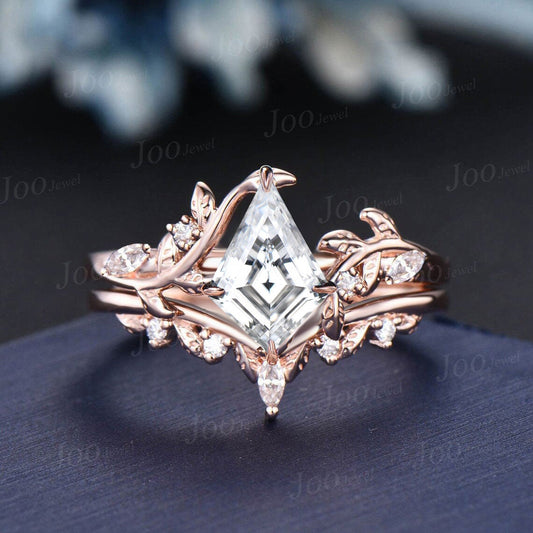 Vintage 10K Rose Gold Kite Diamond Engagement Ring Lab Grown Diamond Kite Wedding Ring with IGI Certificate Nature Inspired Diamond Ring Set