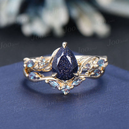 Leaf Bridal Set Pear Galaxy Starry Sky Blue Sandstone Alexandrite Wedding Ring Kite Wedding Ring 14K Yellow Gold Blue Goldstone Promise Ring