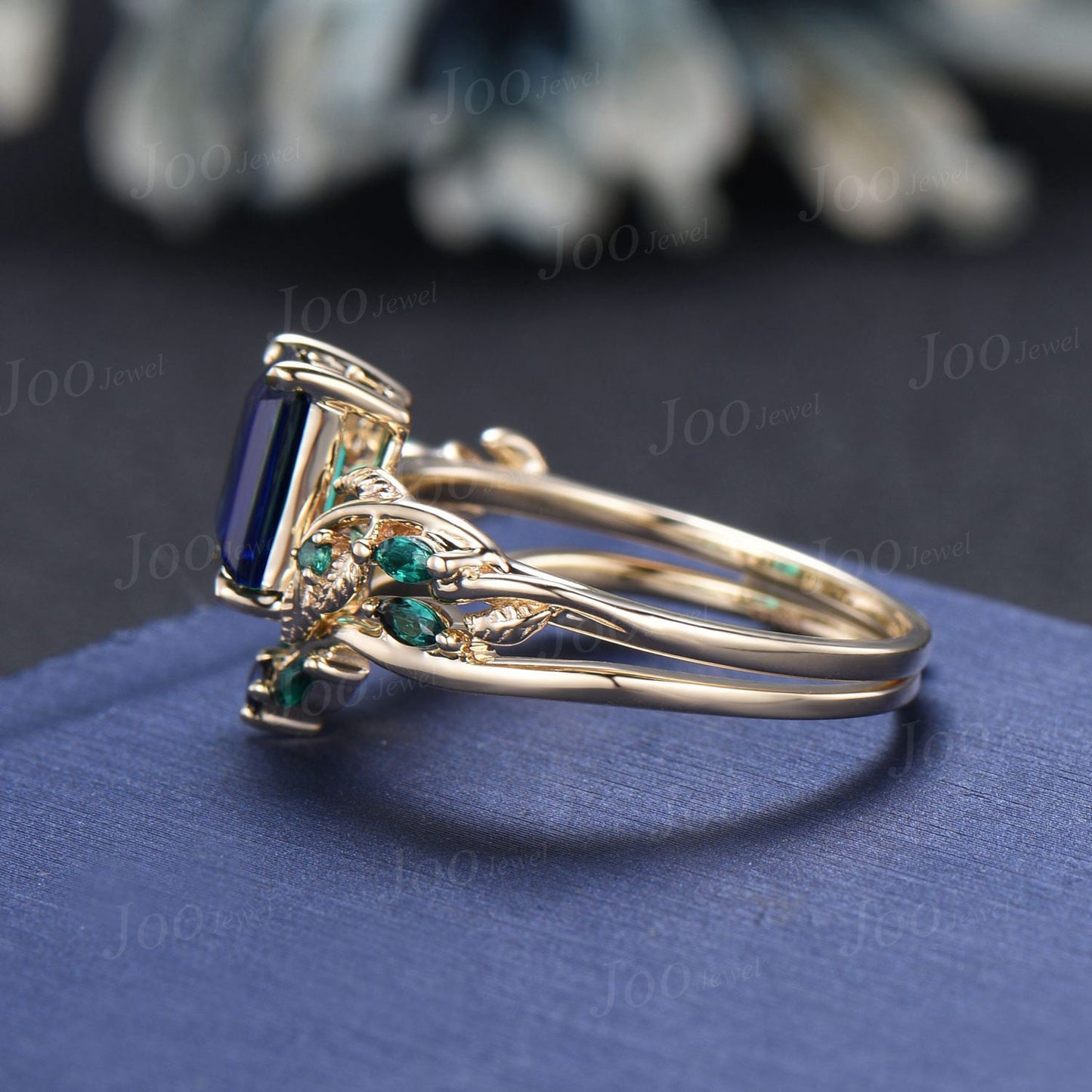 2ct Radiant Cut Blue Sapphire Bridal Ring Twig Vine Emerald Cut Blue Sapphire Emerald Promise Ring Vintage Noble Wedding Gifts for Fianc¨¦e