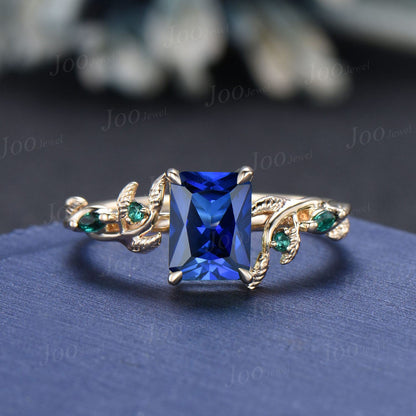 2ct Radiant Cut Blue Sapphire Bridal Ring Twig Vine Emerald Cut Blue Sapphire Emerald Promise Ring Vintage Noble Wedding Gifts for Fianc¨¦e