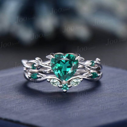 14K Black Gold Twig Vine Heart Cut Green Emerald Engagement Ring Set Moss Agate Wedding Ring Set Goth Black Promise Ring Women Jewelry Gifts