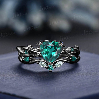 14K Black Gold Twig Vine Heart Cut Green Emerald Engagement Ring Set Moss Agate Wedding Ring Set Goth Black Promise Ring Women Jewelry Gifts