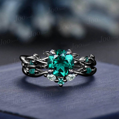 14K Black Gold Twig Vine Heart Cut Green Emerald Engagement Ring Set Moss Agate Wedding Ring Set Goth Black Promise Ring Women Jewelry Gifts