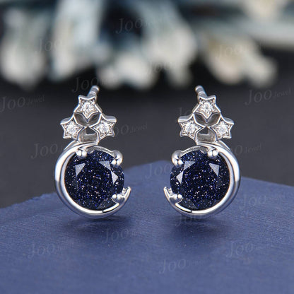 Sterling Silver Moon Star Stud Earrings Round Galaxy Blue Sandstone Earrings Vintage Blue Gemstone Earrings Unique Anniversary/Birthday Gift