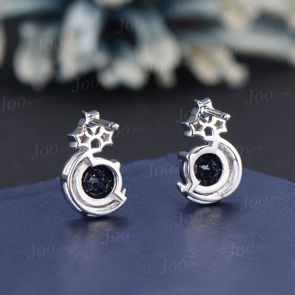 Sterling Silver Moon Star Stud Earrings Round Galaxy Blue Sandstone Earrings Vintage Blue Gemstone Earrings Unique Anniversary/Birthday Gift