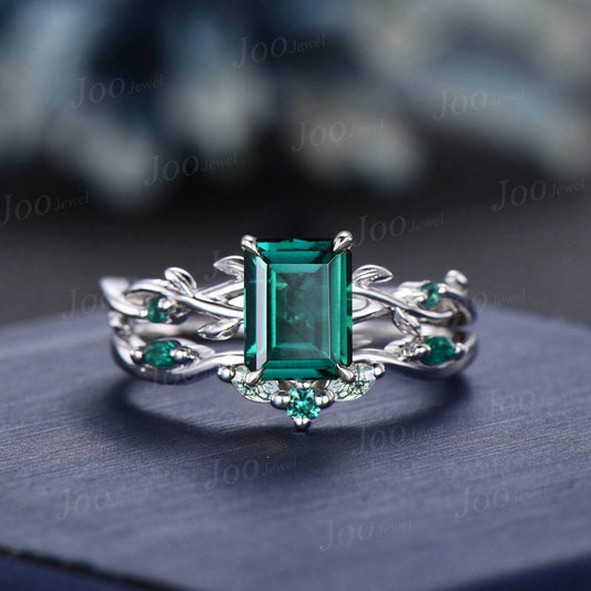 2ct Twig Vine Emerald Cut Emerald Moss Agate Wedding Ring Set Silver Green Emerald Engagement Ring Set Vintage May Birthstone Gift For Women