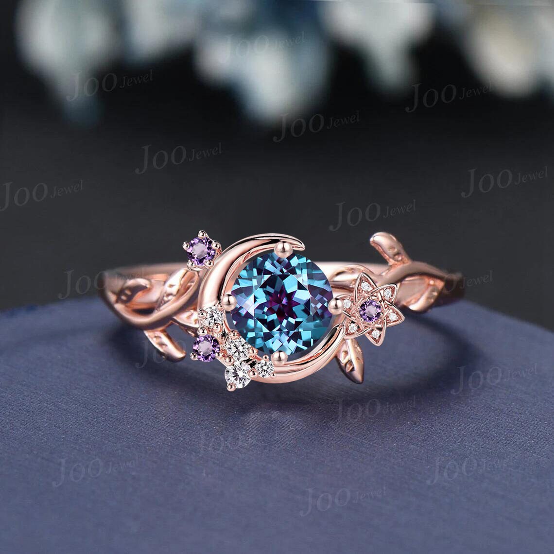 Moon Leaf Alexandrite Ring Sterling Silver Vintage Cluster Emerald Ring Nature Engagement Ring Personalized June Birthstone Gifts For Women