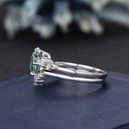 Cat Bridal Ring Set Vintage 1.2ct Round Cut Natural Green Moss Agate Emerald Cat Cut Promise Wedding Ring Peekaboo Kitten Animal Lover Gifts