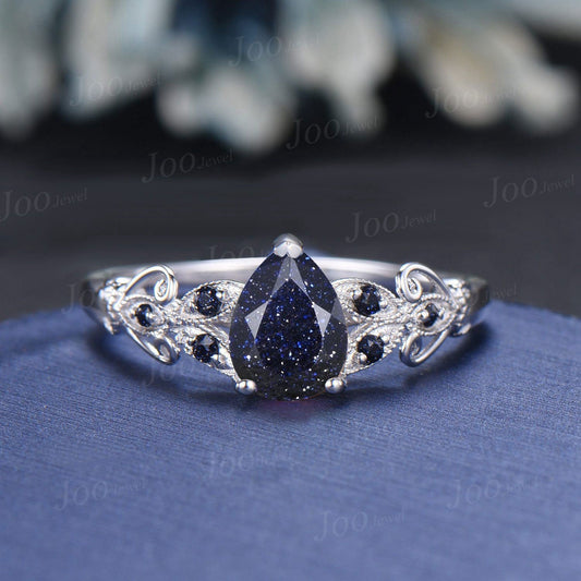 Unique Filigree Design Butterfly Engagement Ring Women 1.25ct Pear Cut Galaxy Blue Sandstone Ring Blue Goldstone Cluster Wedding Ring Gifts
