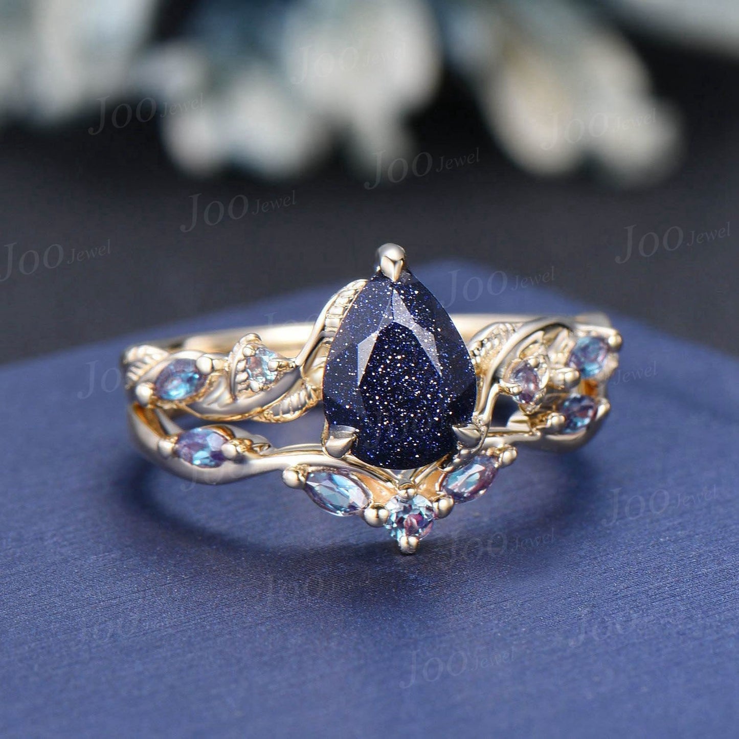 Leaf Bridal Set Pear Galaxy Starry Sky Blue Sandstone Alexandrite Wedding Ring Kite Wedding Ring 14K Yellow Gold Blue Goldstone Promise Ring