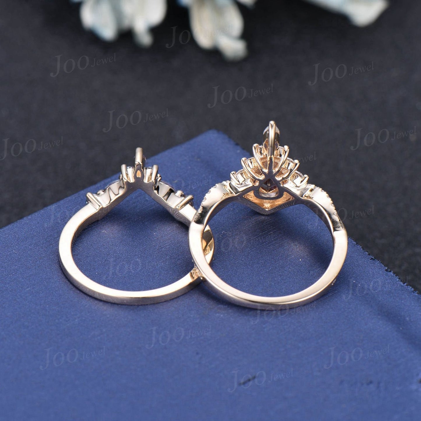 Leaf Bridal Set Pear Galaxy Starry Sky Blue Sandstone Alexandrite Wedding Ring Kite Wedding Ring 14K Yellow Gold Blue Goldstone Promise Ring