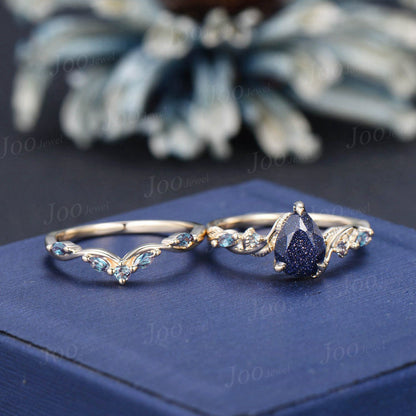 Leaf Bridal Set Pear Galaxy Starry Sky Blue Sandstone Alexandrite Wedding Ring Kite Wedding Ring 14K Yellow Gold Blue Goldstone Promise Ring