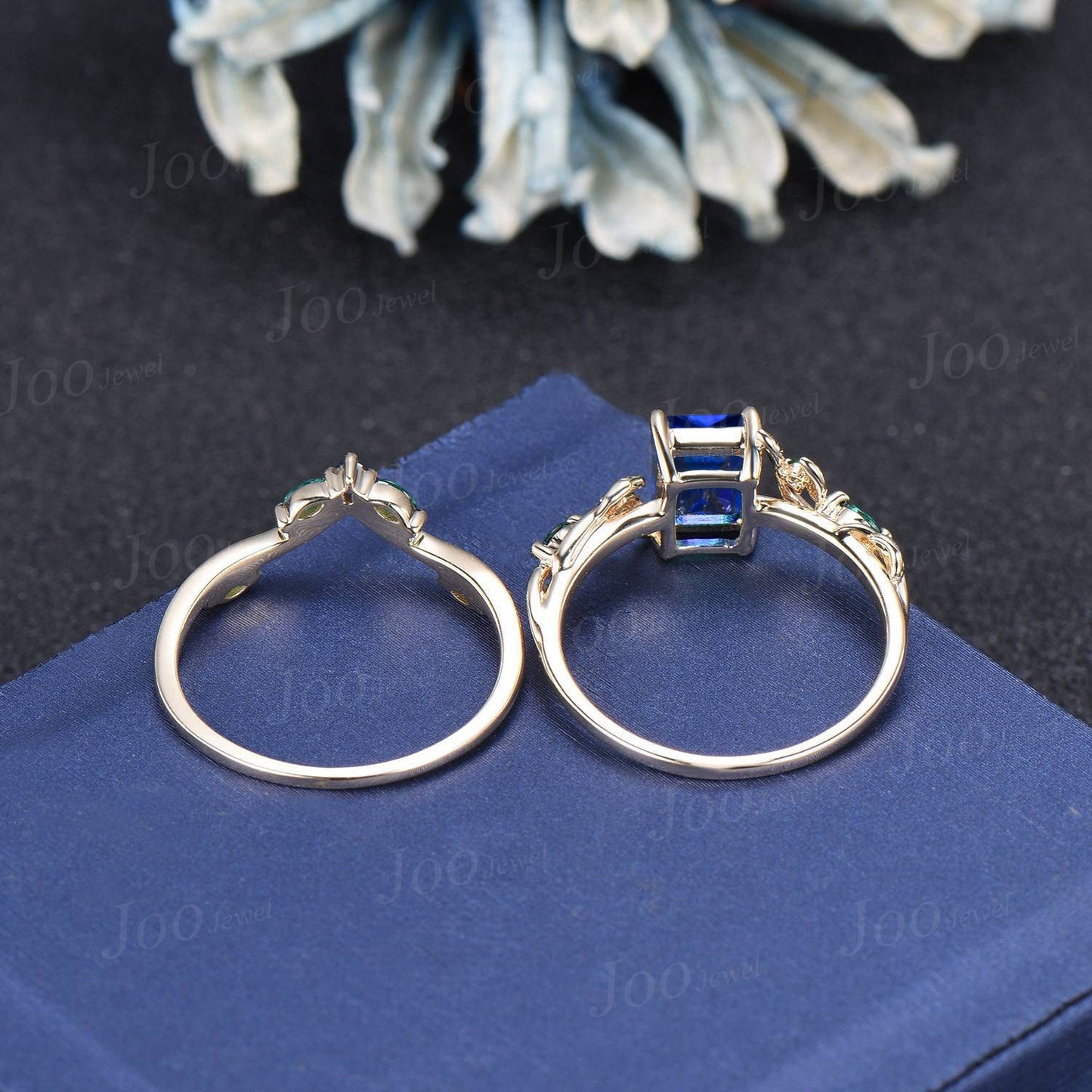 2ct Radiant Cut Blue Sapphire Bridal Ring Twig Vine Emerald Cut Blue Sapphire Emerald Promise Ring Vintage Noble Wedding Gifts for Fianc¨¦e