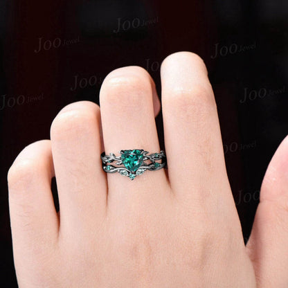 14K Black Gold Twig Vine Heart Cut Green Emerald Engagement Ring Set Moss Agate Wedding Ring Set Goth Black Promise Ring Women Jewelry Gifts