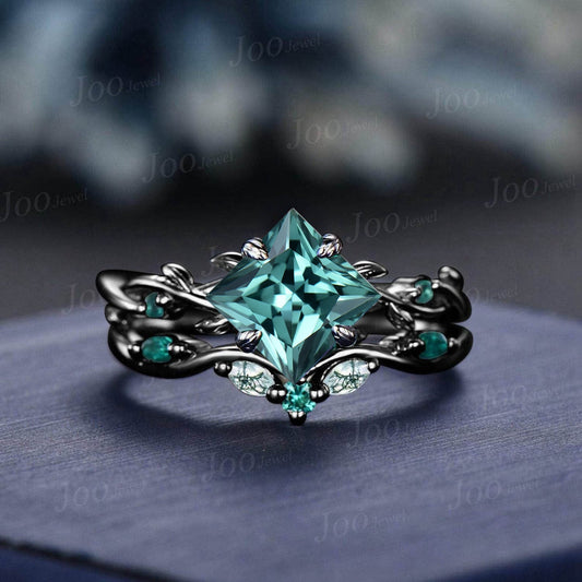 2ct Princess Cut Green Sapphire Engagement Ring Set 10K Black Gold Twig Vine Emerald Agate Wedding Ring Goth Unique Antique Promise Ring