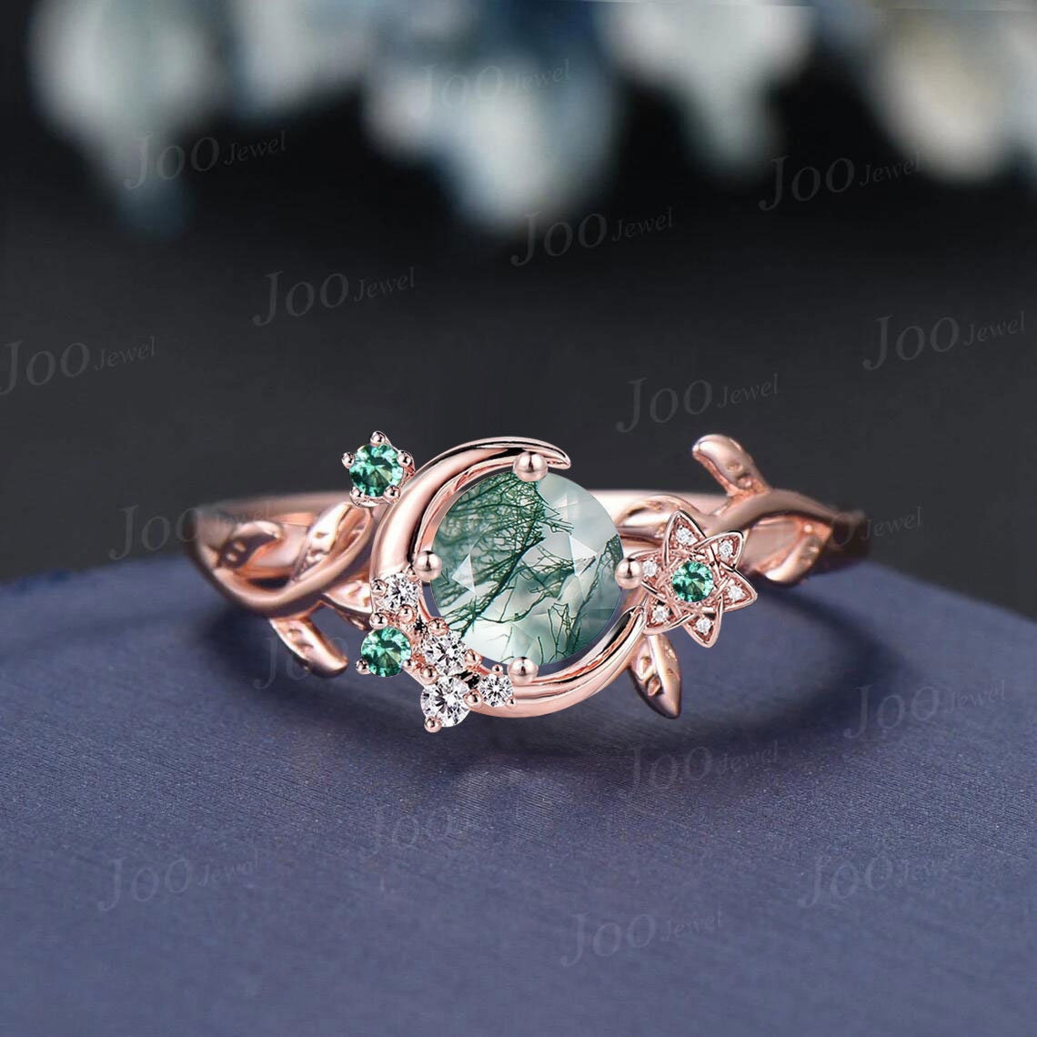 Round Natural Green Moss Agate Ring Crescent Moon Wedding Ring Vintage Leaf Branch Nature Inspired Emerald Cluster Promise Ring for Women