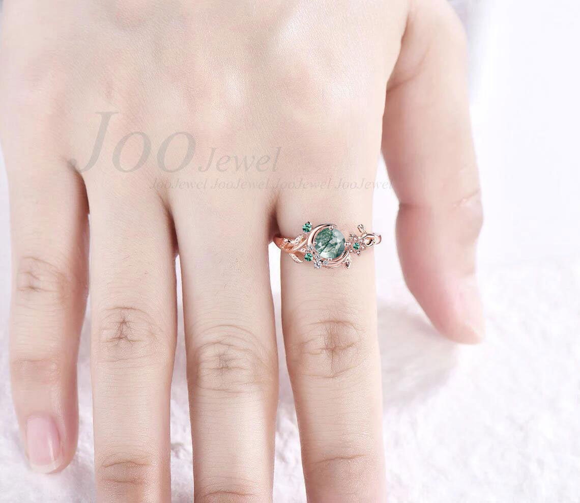 Round Natural Green Moss Agate Ring Crescent Moon Wedding Ring Vintage Leaf Branch Nature Inspired Emerald Cluster Promise Ring for Women