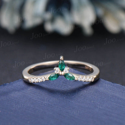 Marquise Cut Green Emerald Contour Wedding Band 10K Yellow Gold Curved Nesting Band Unique Vintage Stacking Matching Bridal Gift Women