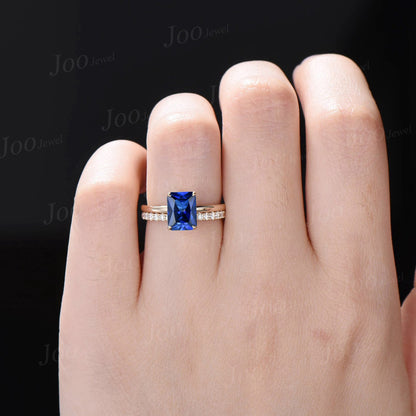 2ct Radiant Cut Blue Sapphire Engagement Ring Set 10k Solid Gold Blue Sapphire Solitaire Wedding Bridal Ring Hidden Halo Ring Promise Gifts