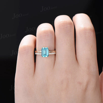 2ct Emerald Cut Paraíba Tourmaline Engagement Ring Set 10K Yellow Gold Vintage Unique Hidden Halo Wedding Ring Half Eternity Proposal Rings