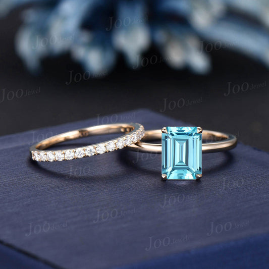 2ct Emerald Cut Paraíba Tourmaline Engagement Ring Set 10K Yellow Gold Vintage Unique Hidden Halo Wedding Ring Half Eternity Proposal Rings