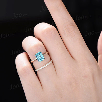 2ct Emerald Cut Paraíba Tourmaline Engagement Ring Set 10K Yellow Gold Vintage Unique Hidden Halo Wedding Ring Half Eternity Proposal Rings