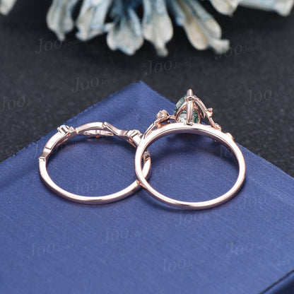 Teardrop Engagement Ring Vintage Branch Design Natural Green Moss Agate Ring 10K Rose Gold Cluster Opal Wedding Ring Twig Vine Bridal Ring