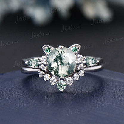Cat Bridal Ring Set Vintage 1.2ct Round Cut Natural Green Moss Agate Emerald Cat Cut Promise Wedding Ring Peekaboo Kitten Animal Lover Gifts