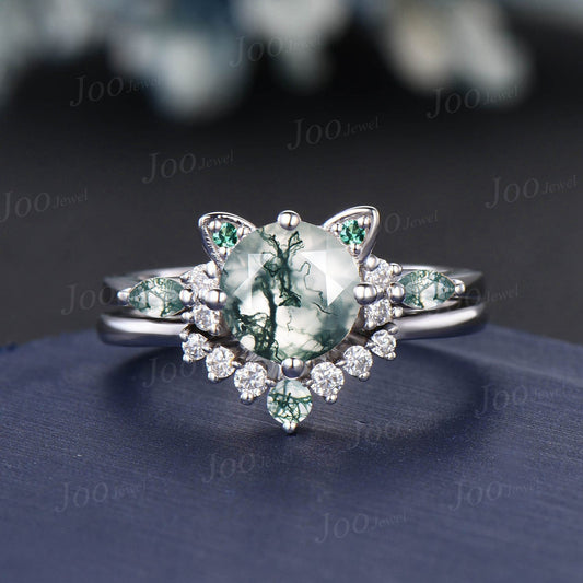 Cat Bridal Ring Set Vintage 1.2ct Round Cut Natural Green Moss Agate Emerald Cat Cut Promise Wedding Ring Peekaboo Kitten Animal Lover Gifts