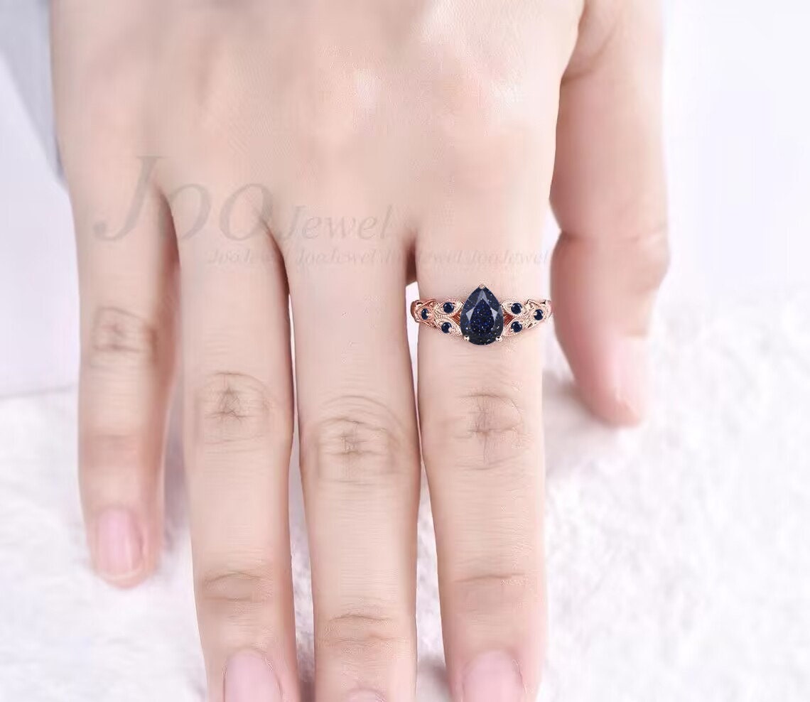 Unique Filigree Design Butterfly Engagement Ring Women 1.25ct Pear Cut Galaxy Blue Sandstone Ring Blue Goldstone Cluster Wedding Ring Gifts
