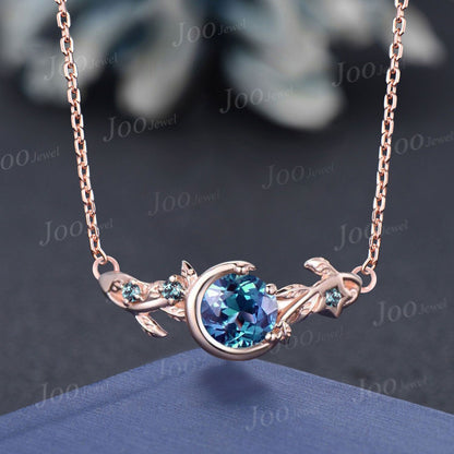 6.5mm Round Alexandrite Necklace Nature Inspired Pendant Rose Gold Color-Change Alexandrite Leaf Branch Curved Gemstone Necklace Adjustable