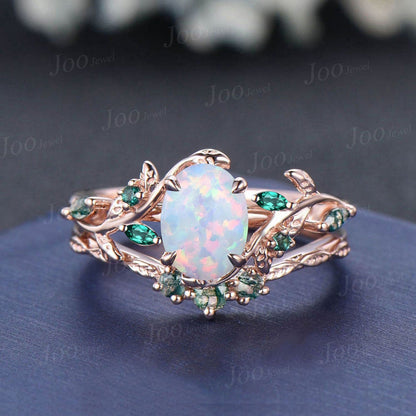 1.25ct Teardrop White Opal Engagement Ring Rose Gold | Emerald Vine Branch Rings | Moss Agate Wedding Band | Unique Opal Bridal Set for Her