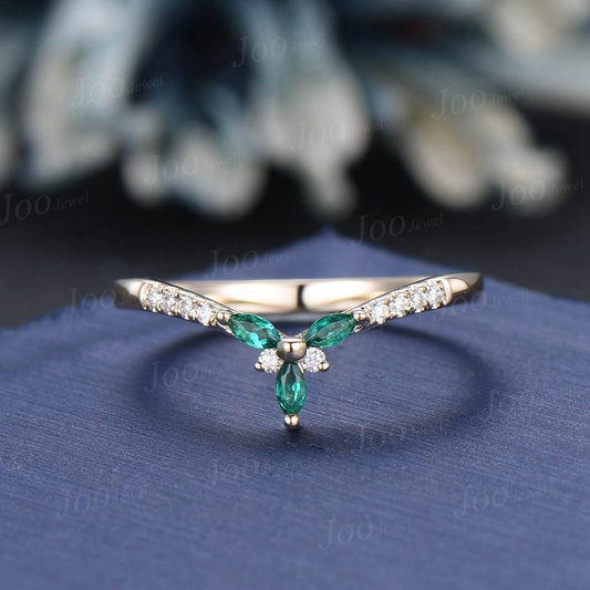 Marquise Cut Green Emerald Contour Wedding Band 10K Yellow Gold Curved Nesting Band Unique Vintage Stacking Matching Bridal Gift Women