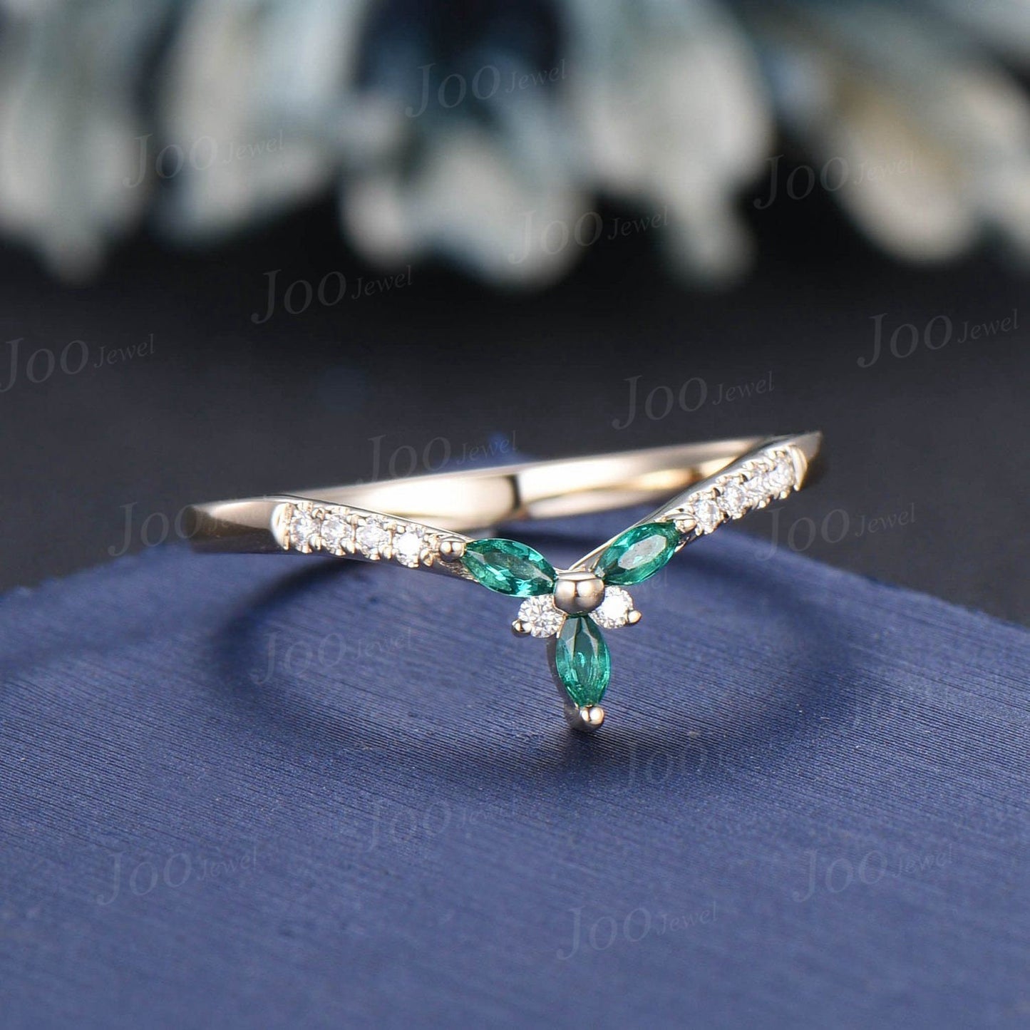 Marquise Cut Green Emerald Contour Wedding Band 10K Yellow Gold Curved Nesting Band Unique Vintage Stacking Matching Bridal Gift Women