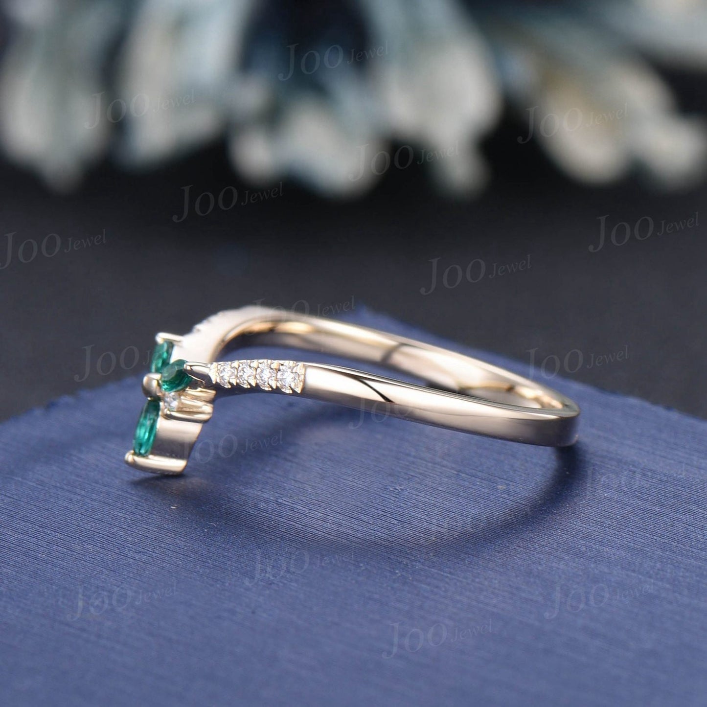 Marquise Cut Green Emerald Contour Wedding Band 10K Yellow Gold Curved Nesting Band Unique Vintage Stacking Matching Bridal Gift Women