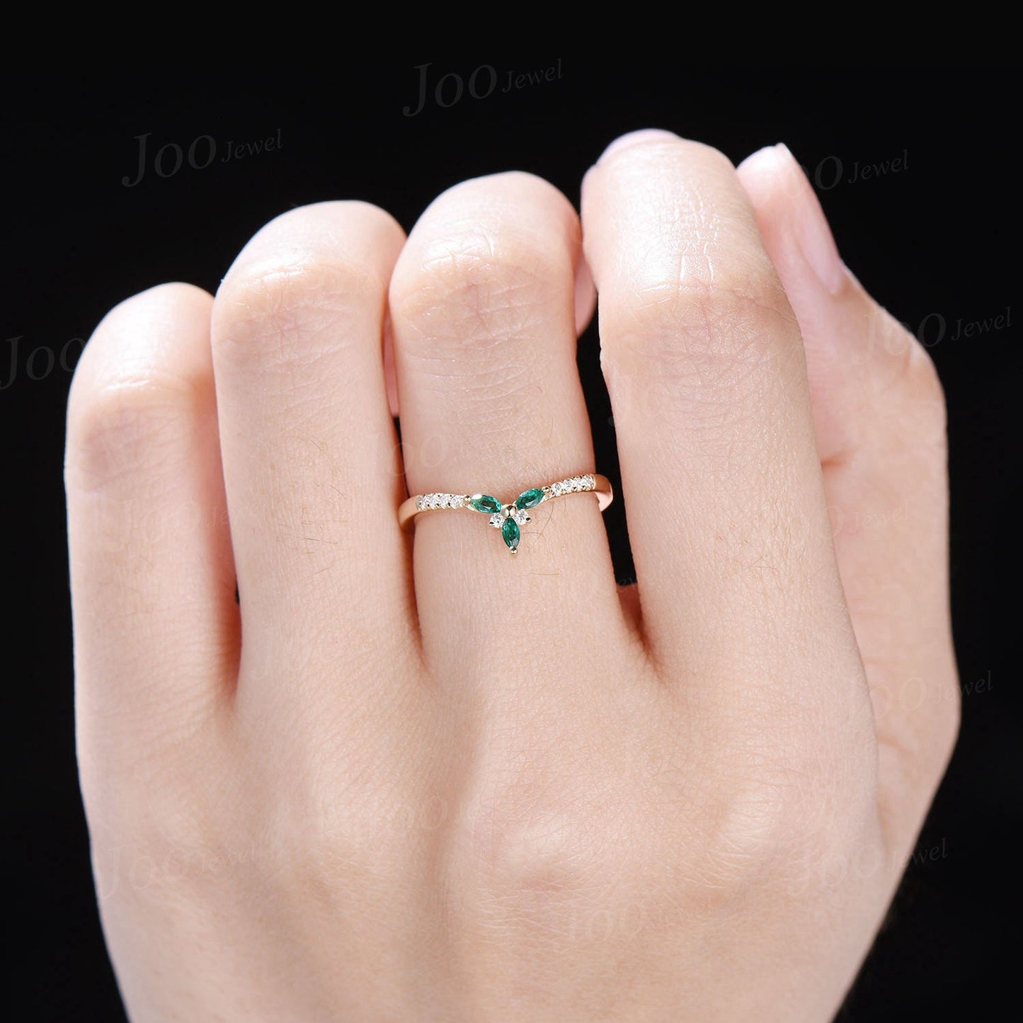 Marquise Cut Green Emerald Contour Wedding Band 10K Yellow Gold Curved Nesting Band Unique Vintage Stacking Matching Bridal Gift Women