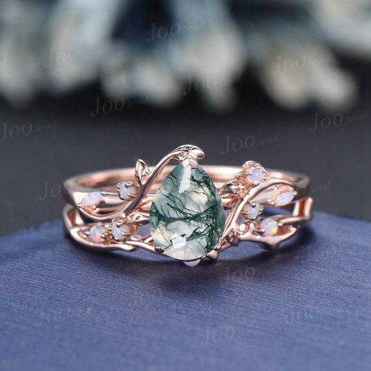 Teardrop Engagement Ring Vintage Branch Design Natural Green Moss Agate Ring 10K Rose Gold Cluster Opal Wedding Ring Twig Vine Bridal Ring