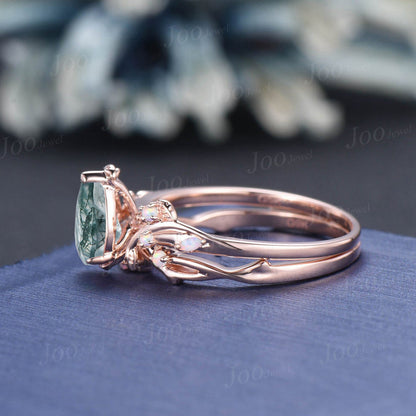 Teardrop Engagement Ring Vintage Branch Design Natural Green Moss Agate Ring 10K Rose Gold Cluster Opal Wedding Ring Twig Vine Bridal Ring