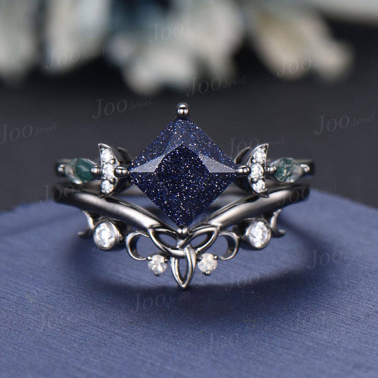 2ct Princess Cut Galaxy Blue Sandstone Celestial Engagement Ring Set Triple Moon Band Gothic Black Gold Blue Goldstone Moon Phase Ring Women