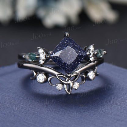 2ct Princess Cut Galaxy Blue Sandstone Celestial Engagement Ring Set Triple Moon Band Gothic Black Gold Blue Goldstone Moon Phase Ring Women