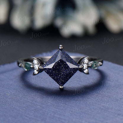 2ct Princess Cut Galaxy Blue Sandstone Celestial Engagement Ring Set Triple Moon Band Gothic Black Gold Blue Goldstone Moon Phase Ring Women