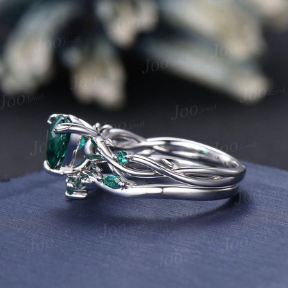 14K Black Gold Twig Vine Heart Cut Green Emerald Engagement Ring Set Moss Agate Wedding Ring Set Goth Black Promise Ring Women Jewelry Gifts
