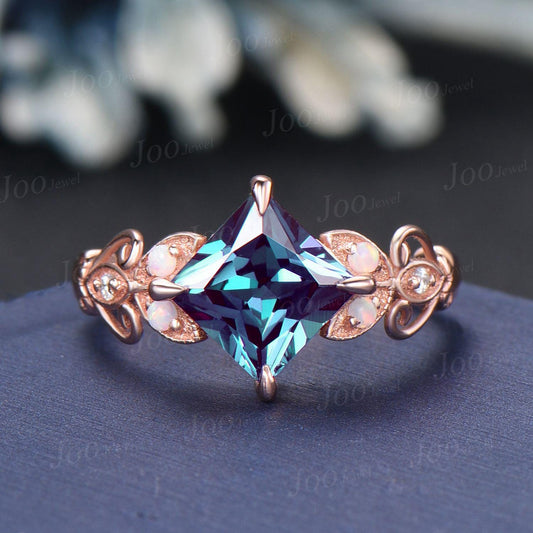 2ct Princess Cut Color-Change Alexandrite Opal Engagement Ring 14K Rose Gold Butterfly Wedding Ring Antique Vintage Women Anniversary Gifts