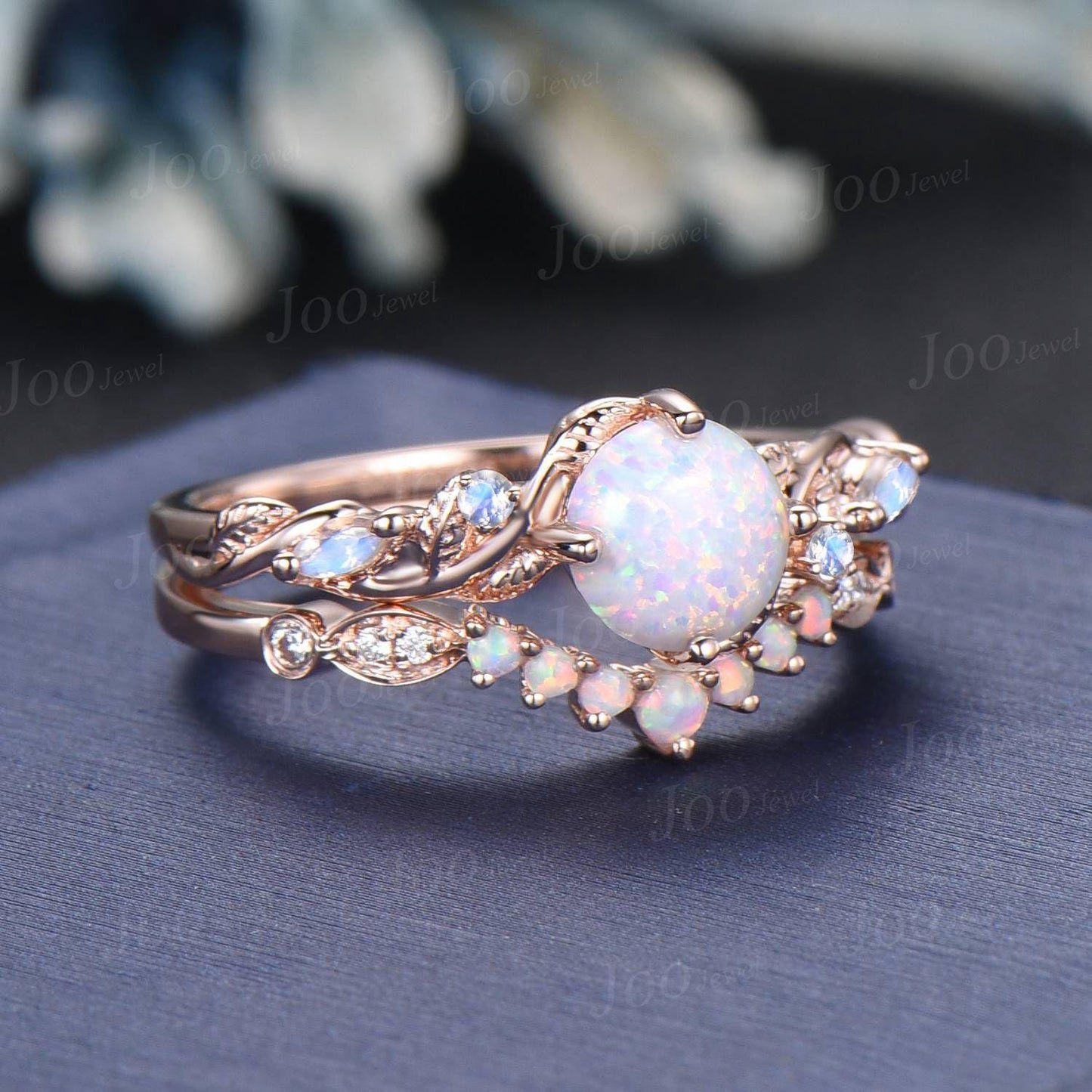 Twig Vine White Opal Ring Set 10K Rose Gold 1ct Round Cut Opal Moonstone Nature Engagement Ring Opal Wedding Band October Birthstone Gifts