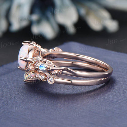 Twig Vine White Opal Ring Set 10K Rose Gold 1ct Round Cut Opal Moonstone Nature Engagement Ring Opal Wedding Band October Birthstone Gifts