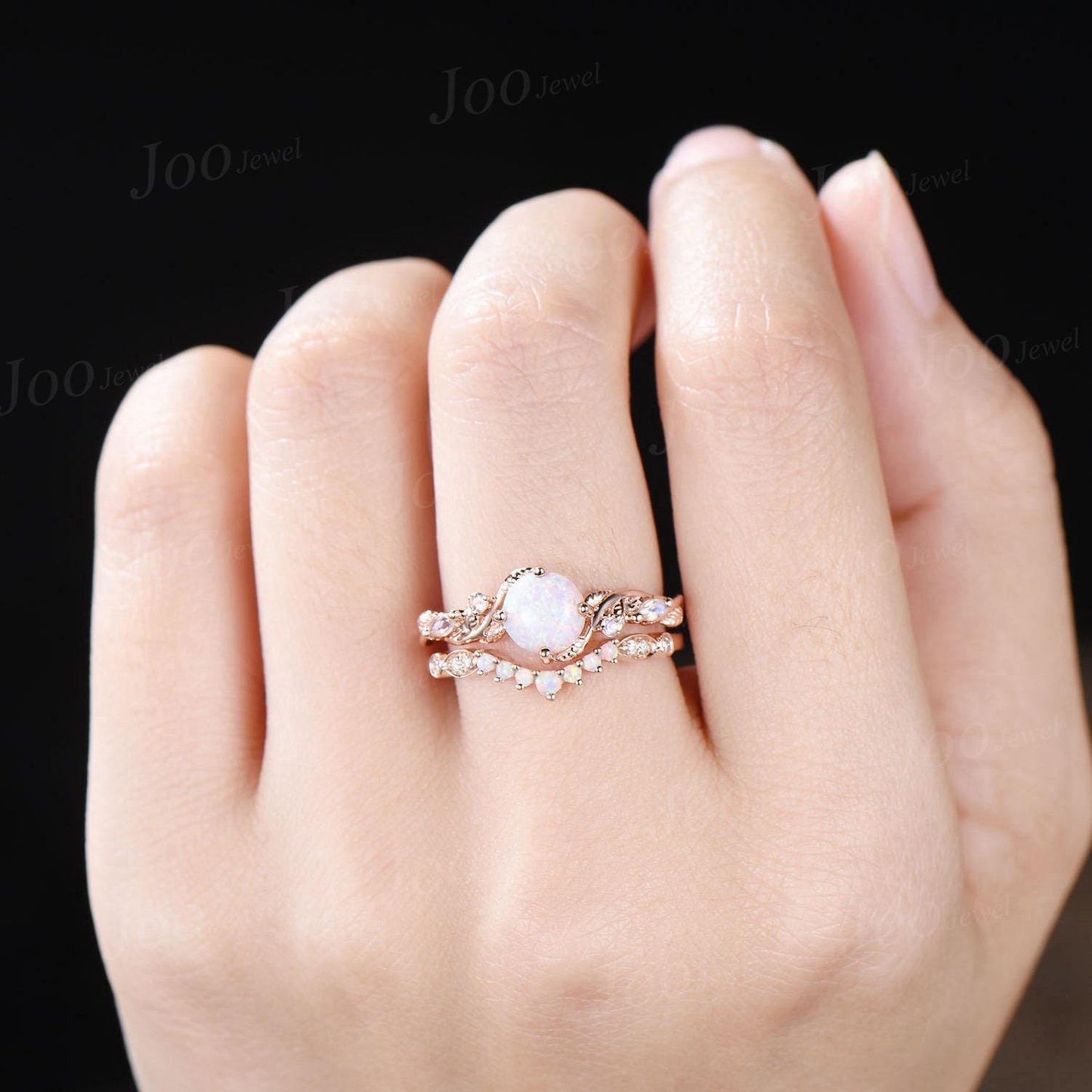 Twig Vine White Opal Ring Set 10K Rose Gold 1ct Round Cut Opal Moonstone Nature Engagement Ring Opal Wedding Band October Birthstone Gifts