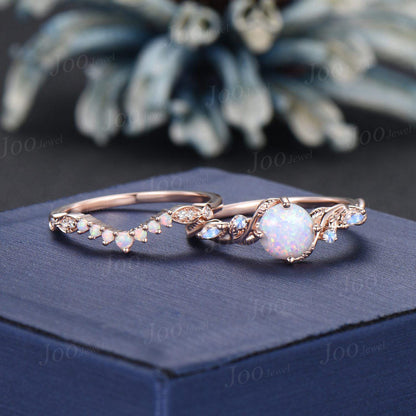 Twig Vine White Opal Ring Set 10K Rose Gold 1ct Round Cut Opal Moonstone Nature Engagement Ring Opal Wedding Band October Birthstone Gifts